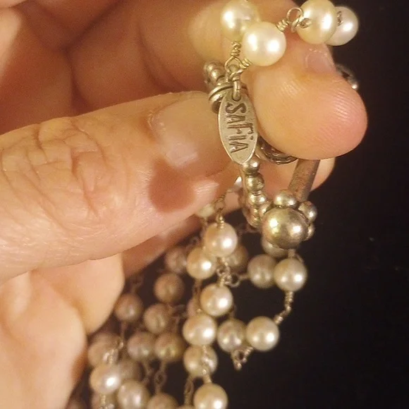 SaFia Signed Longer Pearl Necklace with Silver Cameo Pendant.